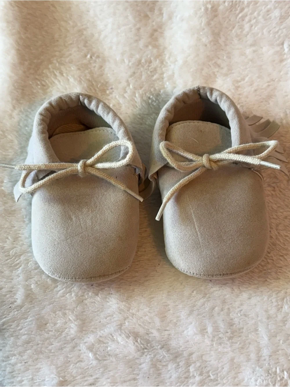 Soft Cream Moccasin Baby Shoes with Fringe Tie